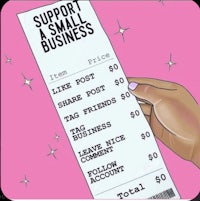 a hand holding a ticket that says support a small business